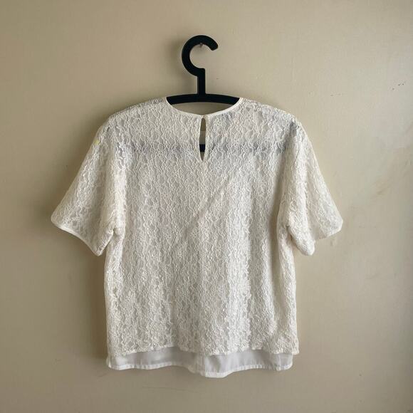 Vintage White Lace Blouse Womens M Sheer Lined Short Sleeve Cottagecore Romantic - Picture 9 of 11